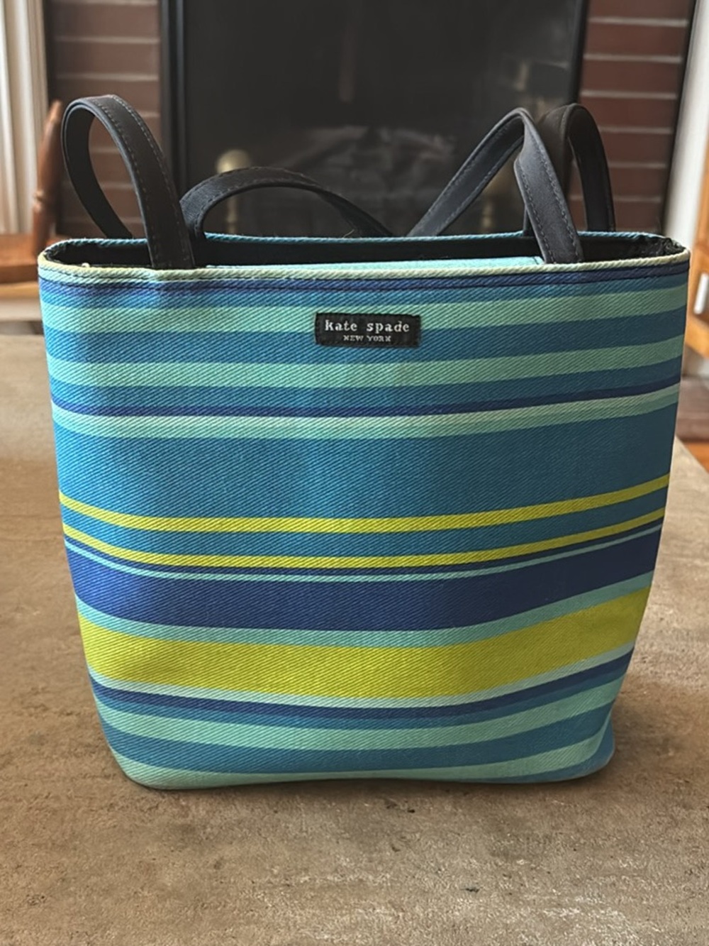 Kate Spade New York Blue Green Striped Mini Structured Tote Bag w/ Zip Closure